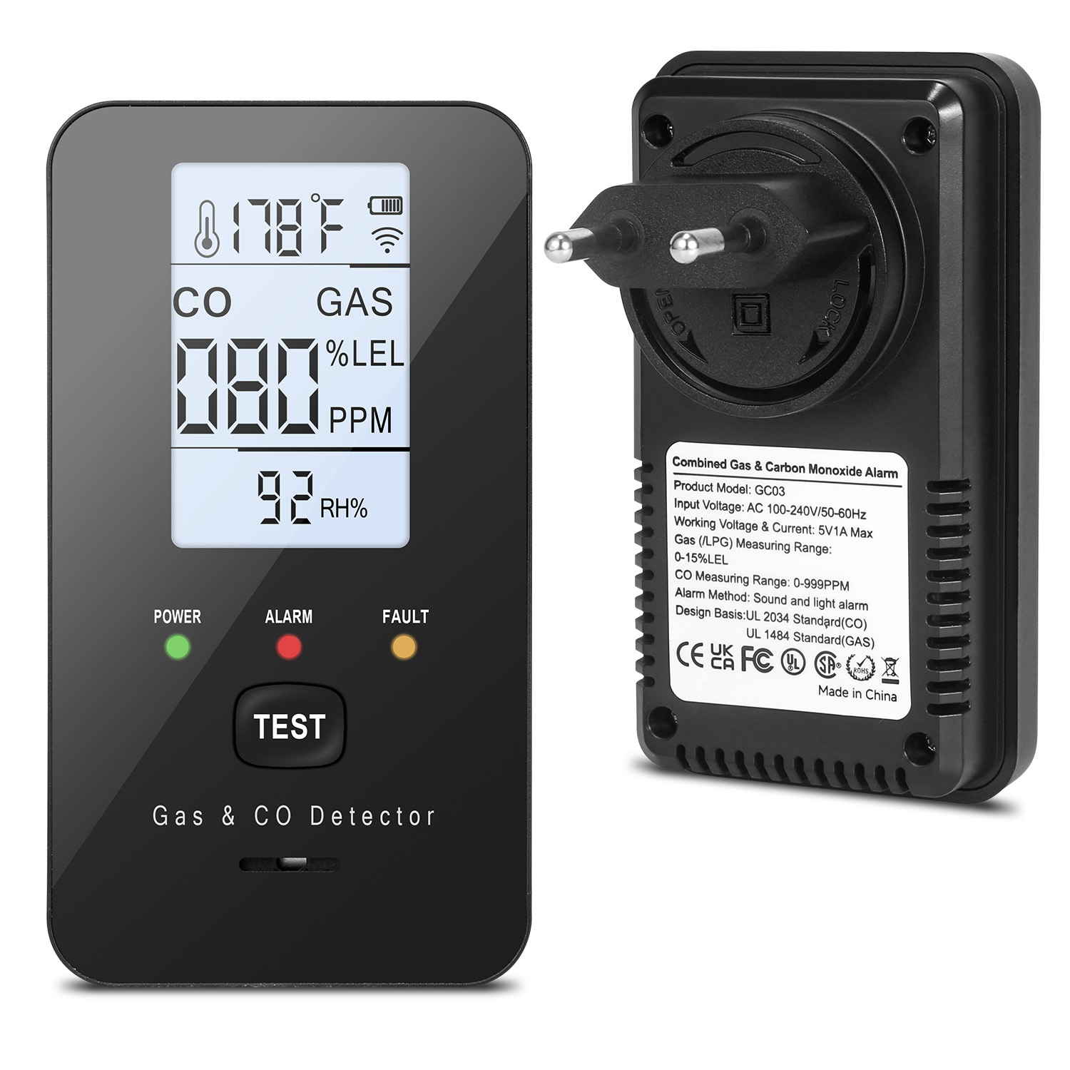 Home Cooking Gas - Kombinierter Erdgasdetektor und Kohlenmonoxidmelder, 4-in-1-Kohlenmonoxidalarm, Propan,