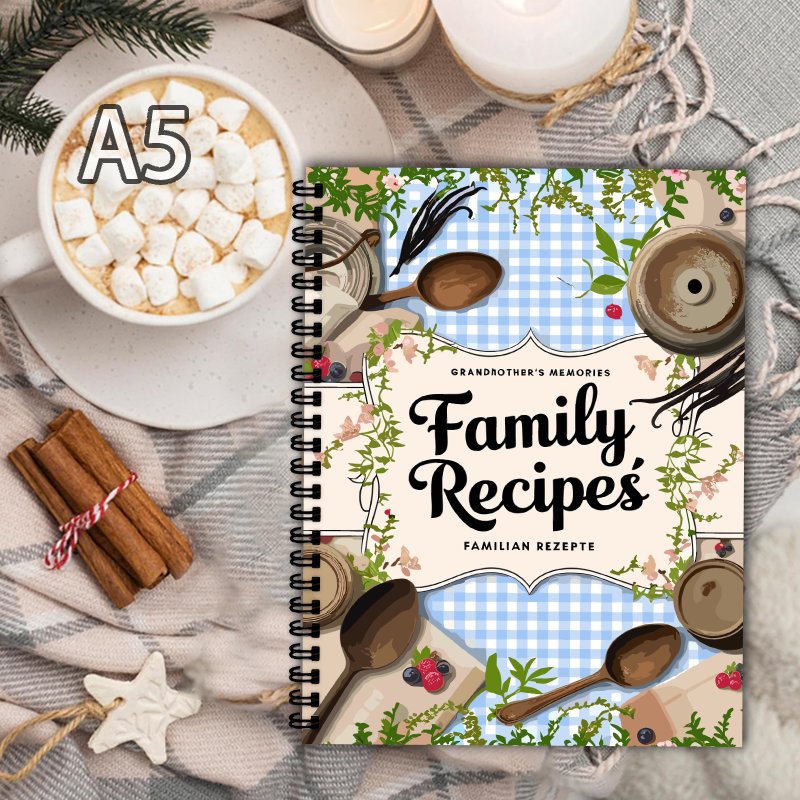 Home Cooking Cookbook - A5 Rezeptbuch, blaues Raster, Weinreben-Design, das