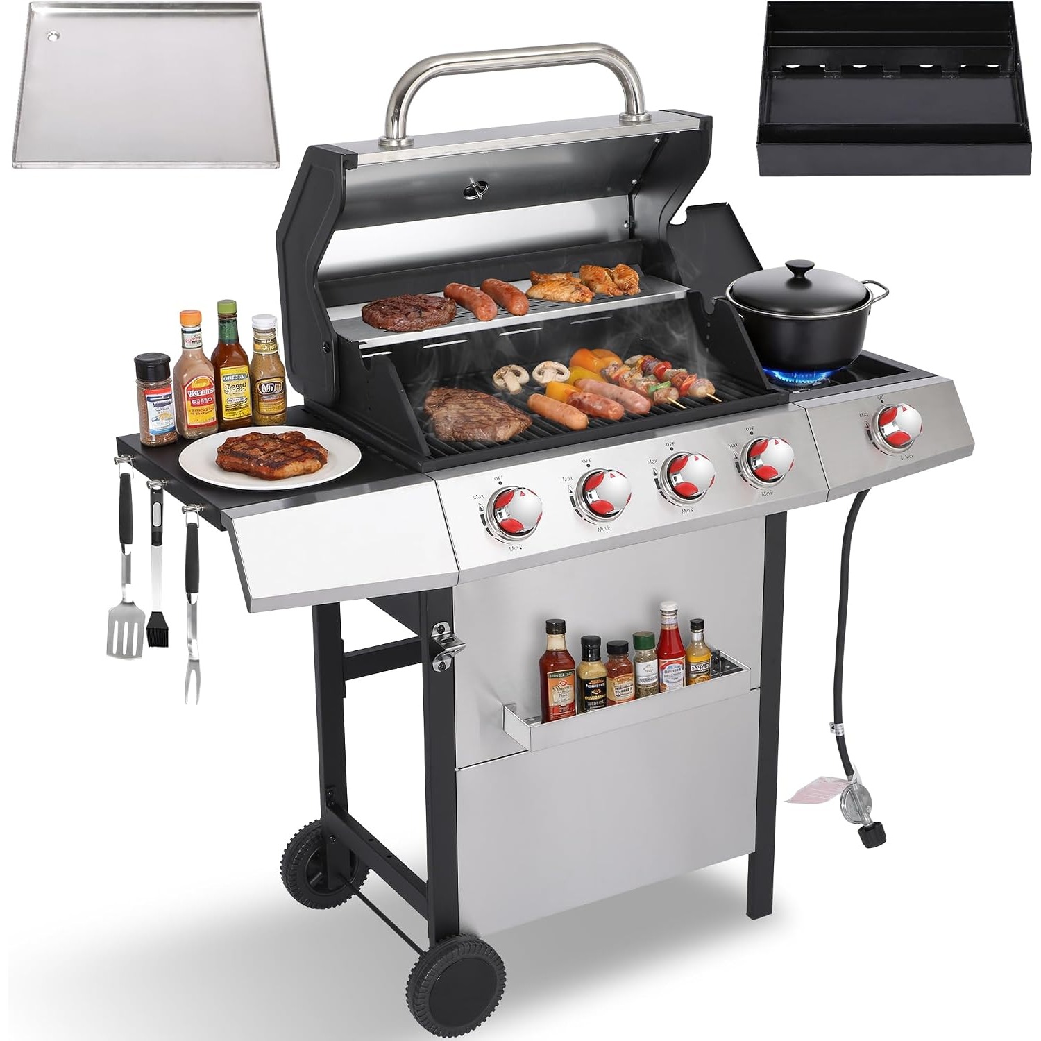 Home Cooking Gas - Gas- und Holzkohlegrill-Kombination mit Seitenbrenner, 4-Brenner-Propangrill-